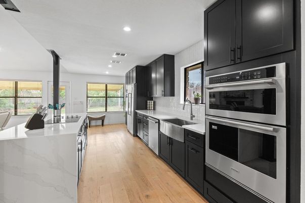 Interior, Kitchen, Recessed Lighting, Stainless Steel Appliances, Wood Texture Flooring