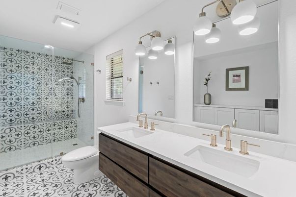 Bathroom, Dual Sink Vanities, Glass Shower, Interior, Recessed Lighting