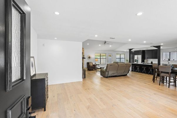 Dining room, Interior, Kitchen, Living room, Recessed Lighting, Wood Texture Flooring