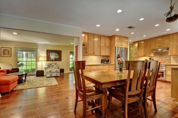 Dining room, Interior, Kitchen, Living room, Recessed Lighting, Stainless Steel Appliances, Wood Texture Flooring