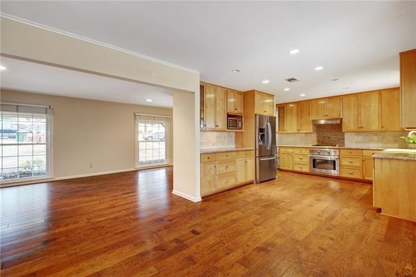 Interior, Kitchen, Recessed Lighting, Stainless Steel Appliances, Wood Texture Flooring