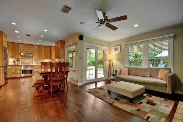 Dining room, Interior, Kitchen, Living room, Recessed Lighting, Stainless Steel Appliances, Wood Texture Flooring