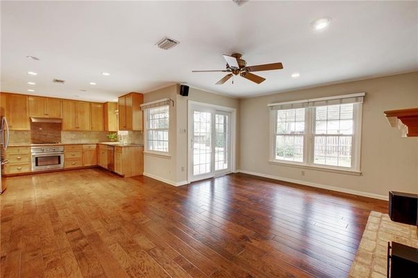 Empty room, Interior, Kitchen, Recessed Lighting, Wood Texture Flooring