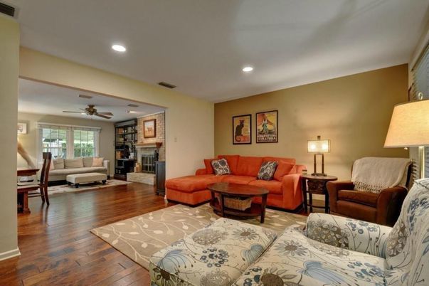 Fireplace, Interior, Living room, Recessed Lighting, Wood Texture Flooring