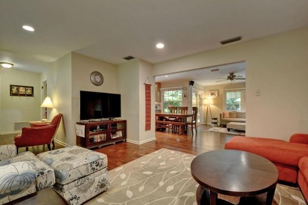 Dining room, Interior, Living room, Recessed Lighting, Wood Texture Flooring
