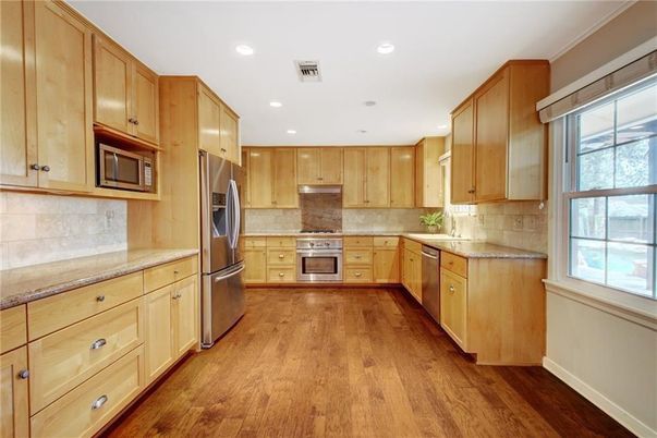Interior, Kitchen, Recessed Lighting, Stainless Steel Appliances, Wood Texture Flooring