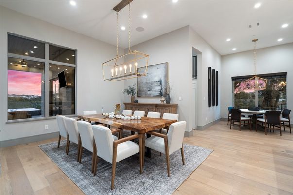Dining room, Interior, Pendant Lights, Recessed Lighting, Wood Texture Flooring