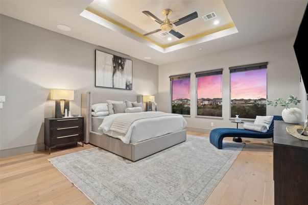 Bedroom, Interior, Recessed Lighting, Wood Texture Flooring