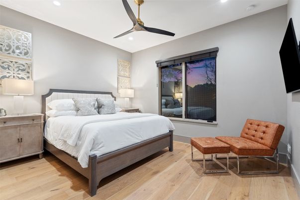 Bedroom, Interior, Recessed Lighting, Wood Texture Flooring