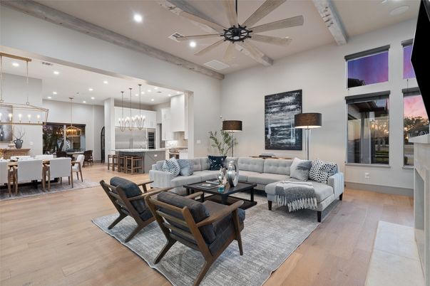 Chandelier, Dining room, Interior, Kitchen, Living room, Pendant Lights, Recessed Lighting, Stainless Steel Appliances, Wood Texture Flooring