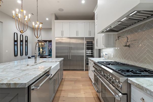 Chandelier, Interior, Kitchen, Pendant Lights, Recessed Lighting, Stainless Steel Appliances, Wood Texture Flooring