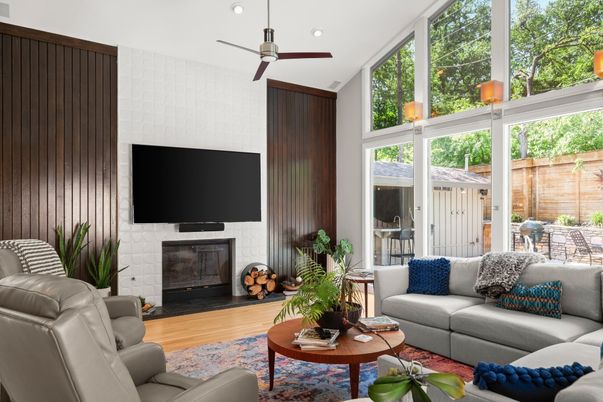 Fireplace, Interior, Living room, Recessed Lighting, Wood Texture Flooring