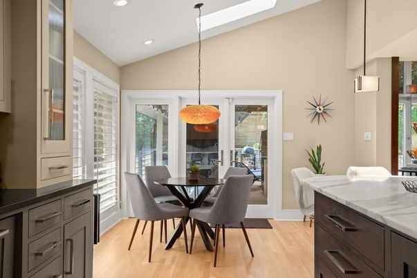 Dining room, Interior, Pendant Lights, Recessed Lighting, Wood Texture Flooring