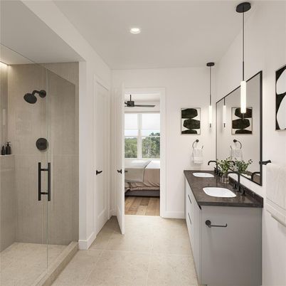 Bathroom, Bedroom, Dual Sink Vanities, Glass Shower, Interior, Pendant Lights, Recessed Lighting, Wood Texture Flooring