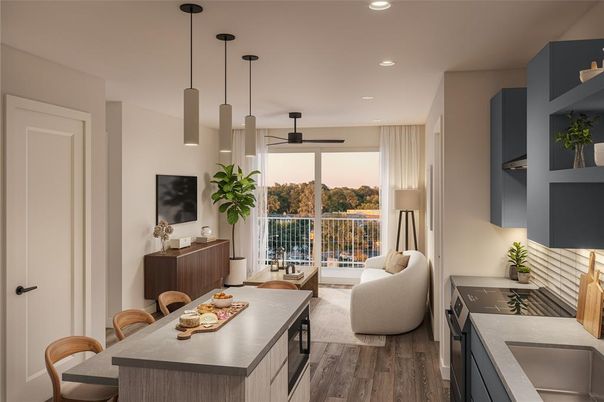 Interior, Kitchen, Living room, Pendant Lights, Recessed Lighting, Wood Texture Flooring