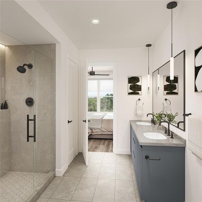 Bathroom, Bedroom, Dual Sink Vanities, Glass Shower, Interior, Pendant Lights, Recessed Lighting, Wood Texture Flooring