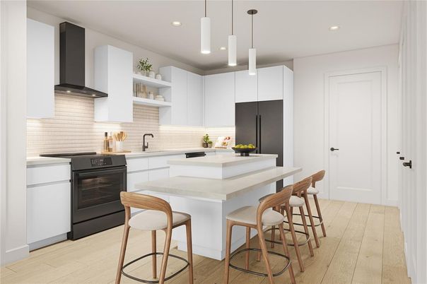 Interior, Kitchen, Pendant Lights, Recessed Lighting, Wood Texture Flooring