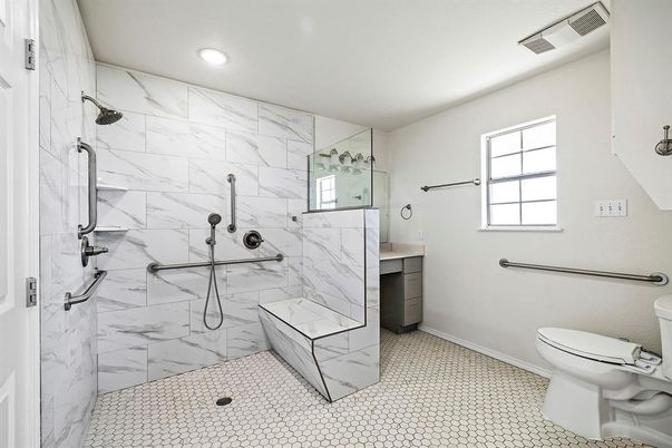 Bathroom, Glass Shower, Interior, Marble Walls, Recessed Lighting