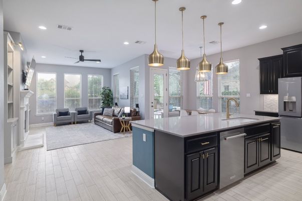 Fireplace, Interior, Kitchen, Living room, Pendant Lights, Recessed Lighting, Wood Texture Flooring
