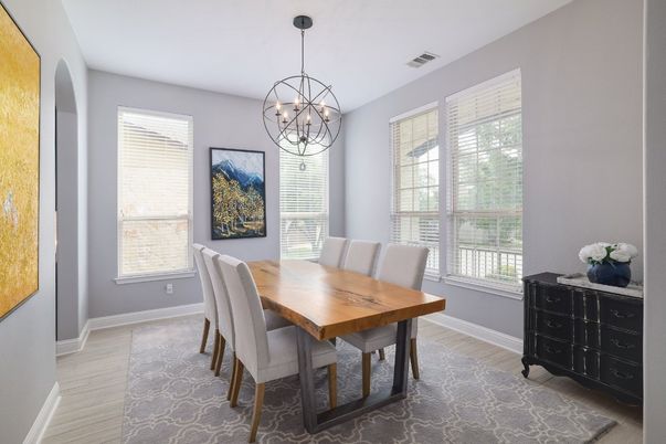 Chandelier, Dining room, Interior, Pendant Lights, Wood Texture Flooring