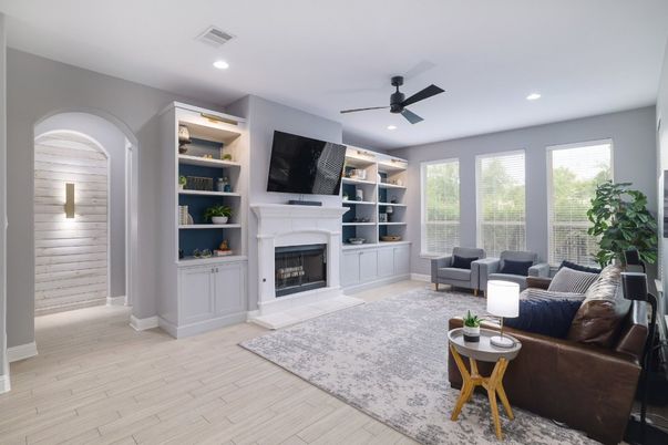 Fireplace, Interior, Living room, Recessed Lighting, Wood Texture Flooring