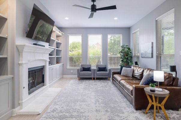 Fireplace, Interior, Living room, Recessed Lighting, Wood Texture Flooring