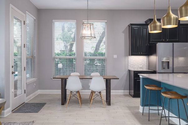 Dining room, Interior, Kitchen, Pendant Lights, Stainless Steel Appliances, Wood Texture Flooring