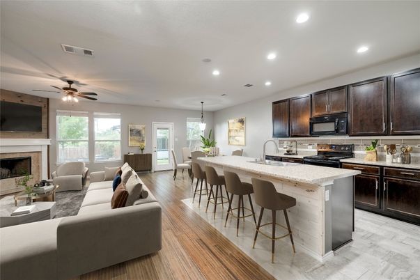 Dining room, Fireplace, Interior, Kitchen, Living room, Pendant Lights, Recessed Lighting, Wood Texture Flooring