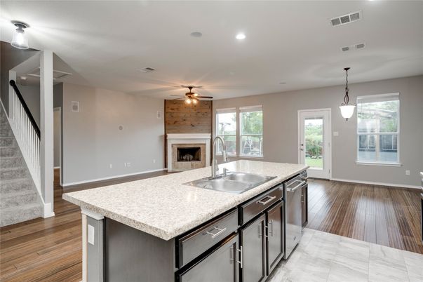 Fireplace, Interior, Kitchen, Pendant Lights, Recessed Lighting, Wood Texture Flooring