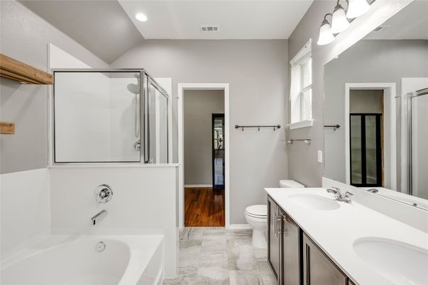 Bathroom, Dual Sink Vanities, Glass Shower, Interior, Recessed Lighting