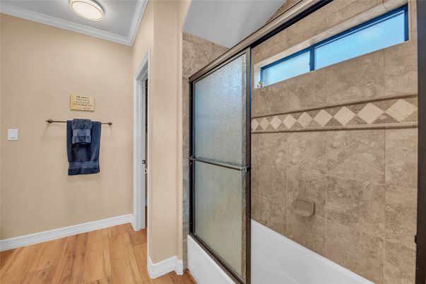 Bathroom, Glass Shower, Interior, Wood Texture Flooring