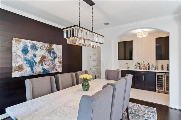 Chandelier, Dining room, Interior, Pendant Lights, Wood Texture Flooring