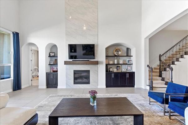 Fireplace, Interior, Marble Walls, Recessed Lighting