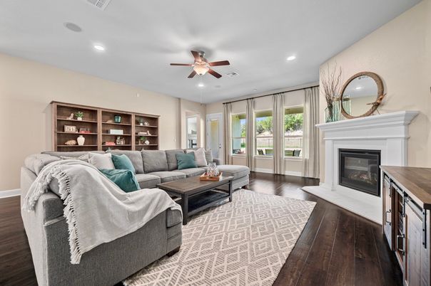 Fireplace, Interior, Living room, Recessed Lighting, Wood Texture Flooring