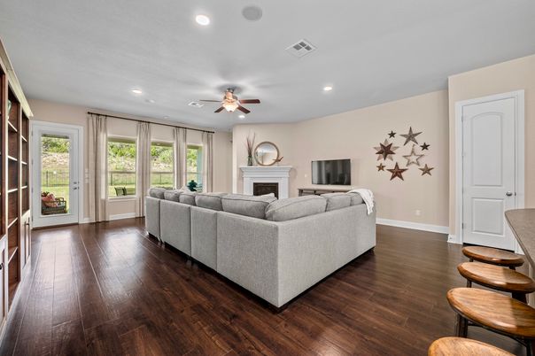 Fireplace, Interior, Living room, Recessed Lighting, Wood Texture Flooring