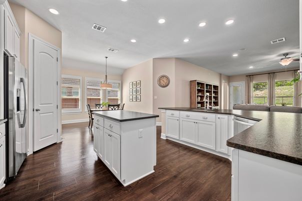 Dining room, Interior, Kitchen, Pendant Lights, Recessed Lighting, Wood Texture Flooring