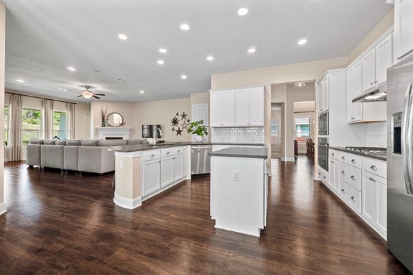 Interior, Kitchen, Living room, Recessed Lighting, Stainless Steel Appliances, Wood Texture Flooring