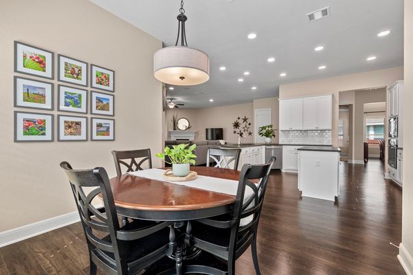 Dining room, Interior, Kitchen, Pendant Lights, Recessed Lighting, Wood Texture Flooring