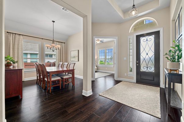Dining room, Interior, Pendant Lights, Wood Texture Flooring