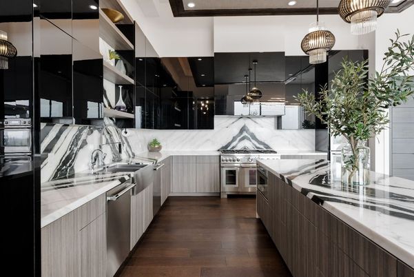 Interior, Kitchen, Pendant Lights, Recessed Lighting, Stainless Steel Appliances, Wood Texture Flooring