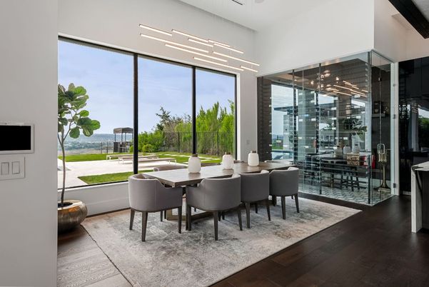 Dining room, Interior, Recessed Lighting, Wood Texture Flooring