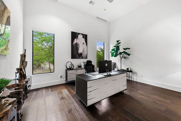 Home Office, Interior, Recessed Lighting, Wood Texture Flooring