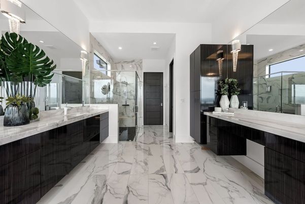 Bathroom, Glass Shower, Interior, Marble, Recessed Lighting