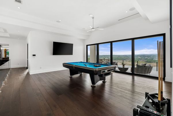 Billiard Table, Game Room, Interior, Recessed Lighting, Wood Texture Flooring