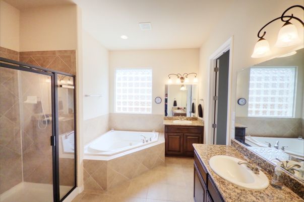 Bathroom, Dual Sink Vanities, Glass Shower, Interior, Recessed Lighting