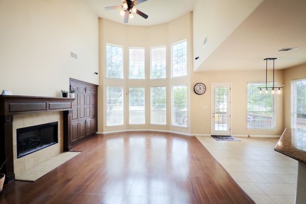 Fireplace, Interior, Pendant Lights, Wood Texture Flooring