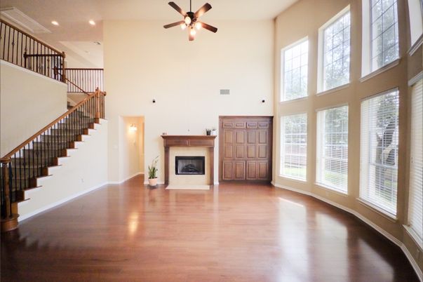 Fireplace, Interior, Recessed Lighting, Wood Texture Flooring