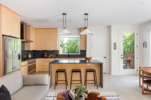 Interior, Kitchen, Pendant Lights, Recessed Lighting, Stainless Steel Appliances, Wood Texture Flooring