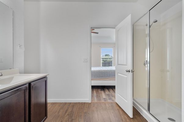 Bathroom, Bedroom, Glass Shower, Interior, Wood Texture Flooring