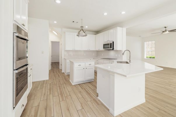 Interior, Kitchen, Pendant Lights, Recessed Lighting, Stainless Steel Appliances, Wood Texture Flooring